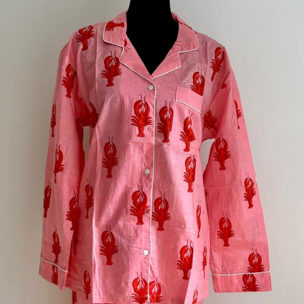 BRAND NEW Hand Block Printed Cotton Pajama Set: Pink Lobster Sleepwear - Picture 3 of 9